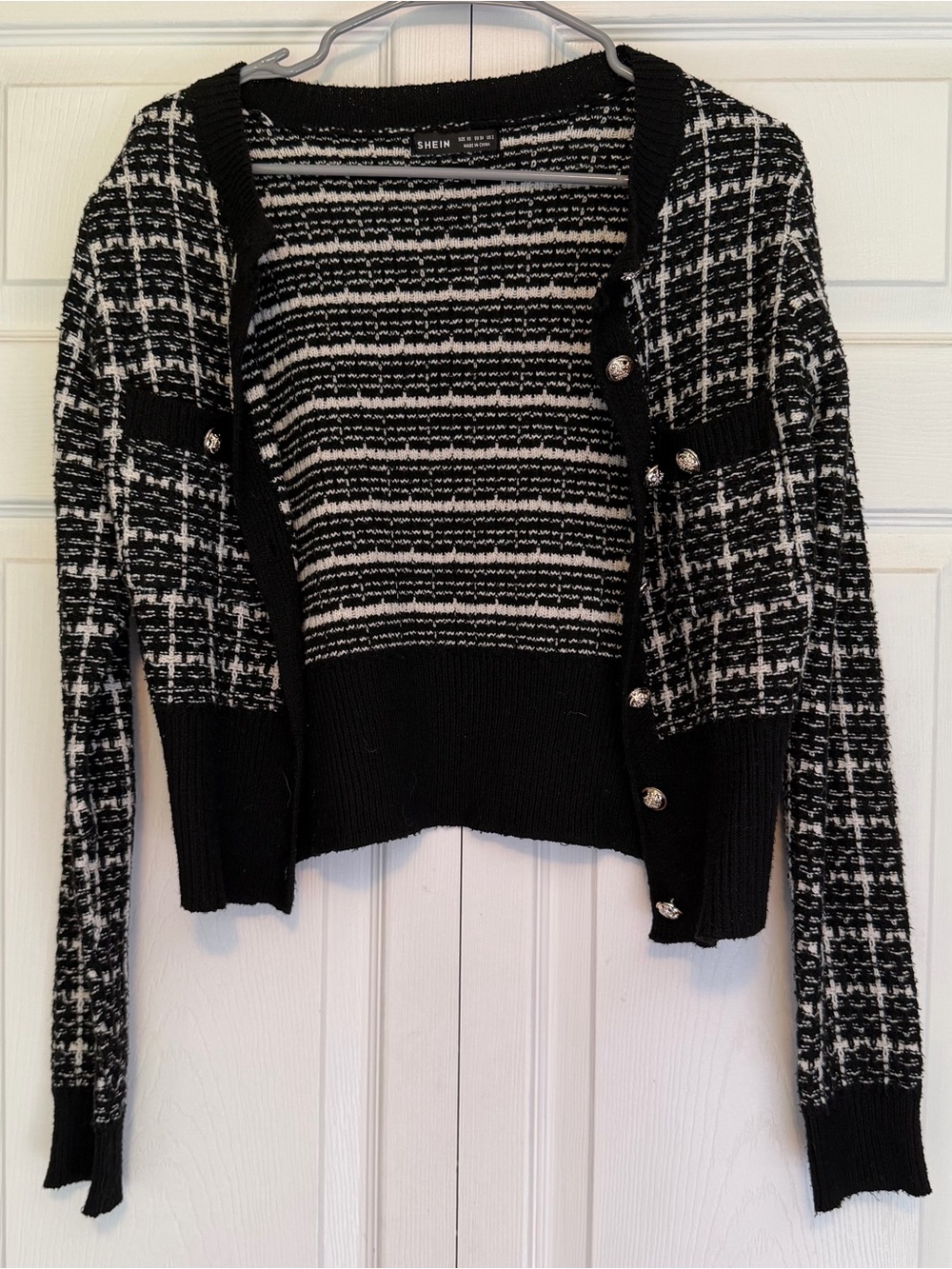 Black & White Tweed Button-Front Women's Sweater